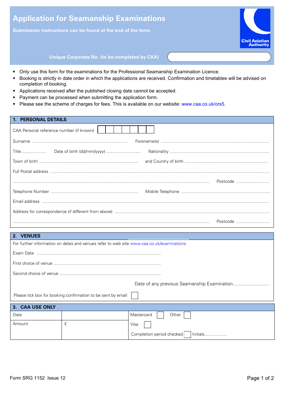 Form SRG1152 Application for Seamanship Examinations - United Kingdom, Page 1