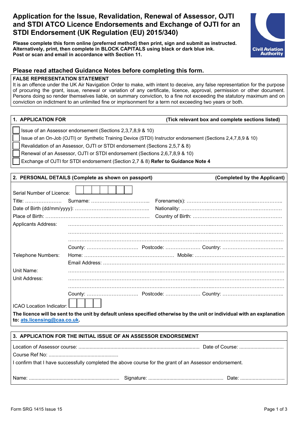 Form SRG1415 Application for the Issue, Revalidation, Renewal of Assessor, Ojti and Stdi Atco Licence Endorsements and Exchange of Ojti for an Stdi Endorsement (UK Regulation (Eu) 2015 / 340) - United Kingdom, Page 1