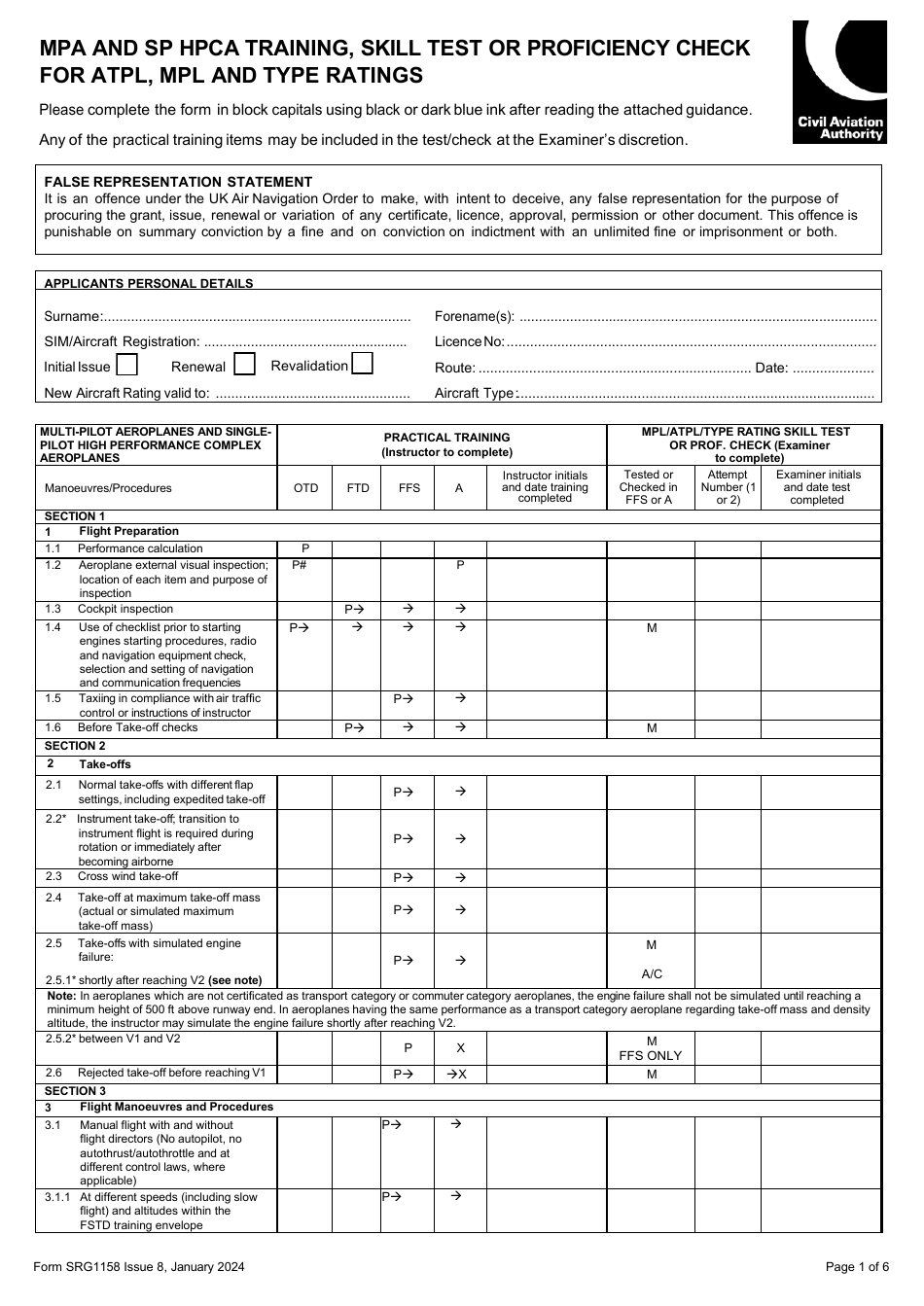 Form SRG1158 MPA and Sp Hpca Training, Skill Test or Proficiency Check for Atpl, Mpl and Type Ratings - United Kingdom, Page 1