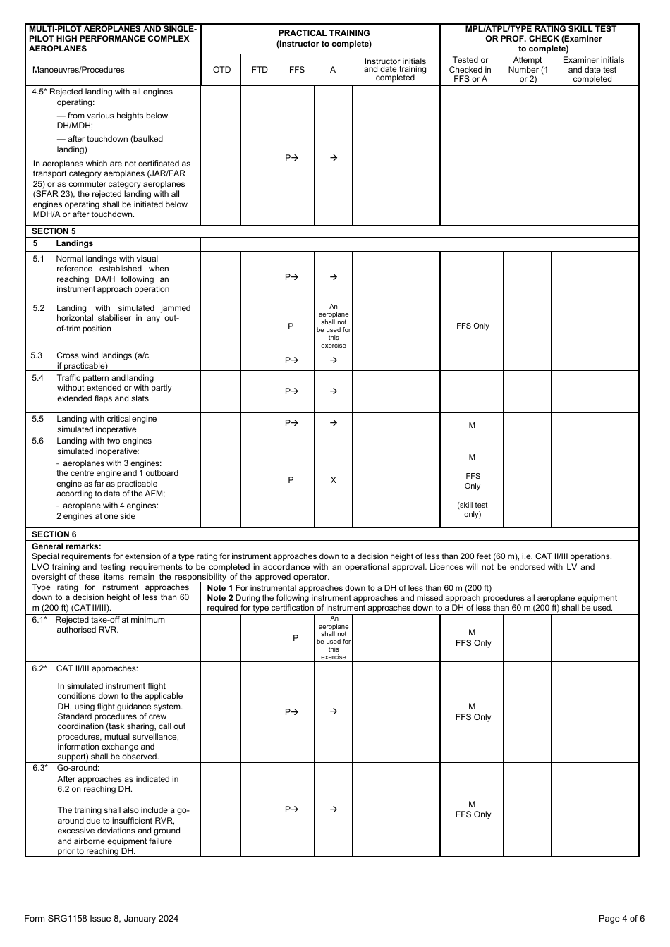 Form SRG1158 MPA and Sp Hpca Training, Skill Test or Proficiency Check for Atpl, Mpl and Type Ratings - United Kingdom, Page 4