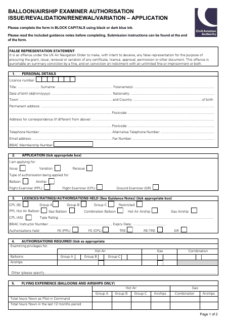 Form SRG1182 Balloon/Airship Examiner Authorisation Issue/Revalidation/Renewal/Variation - Application - United Kingdom