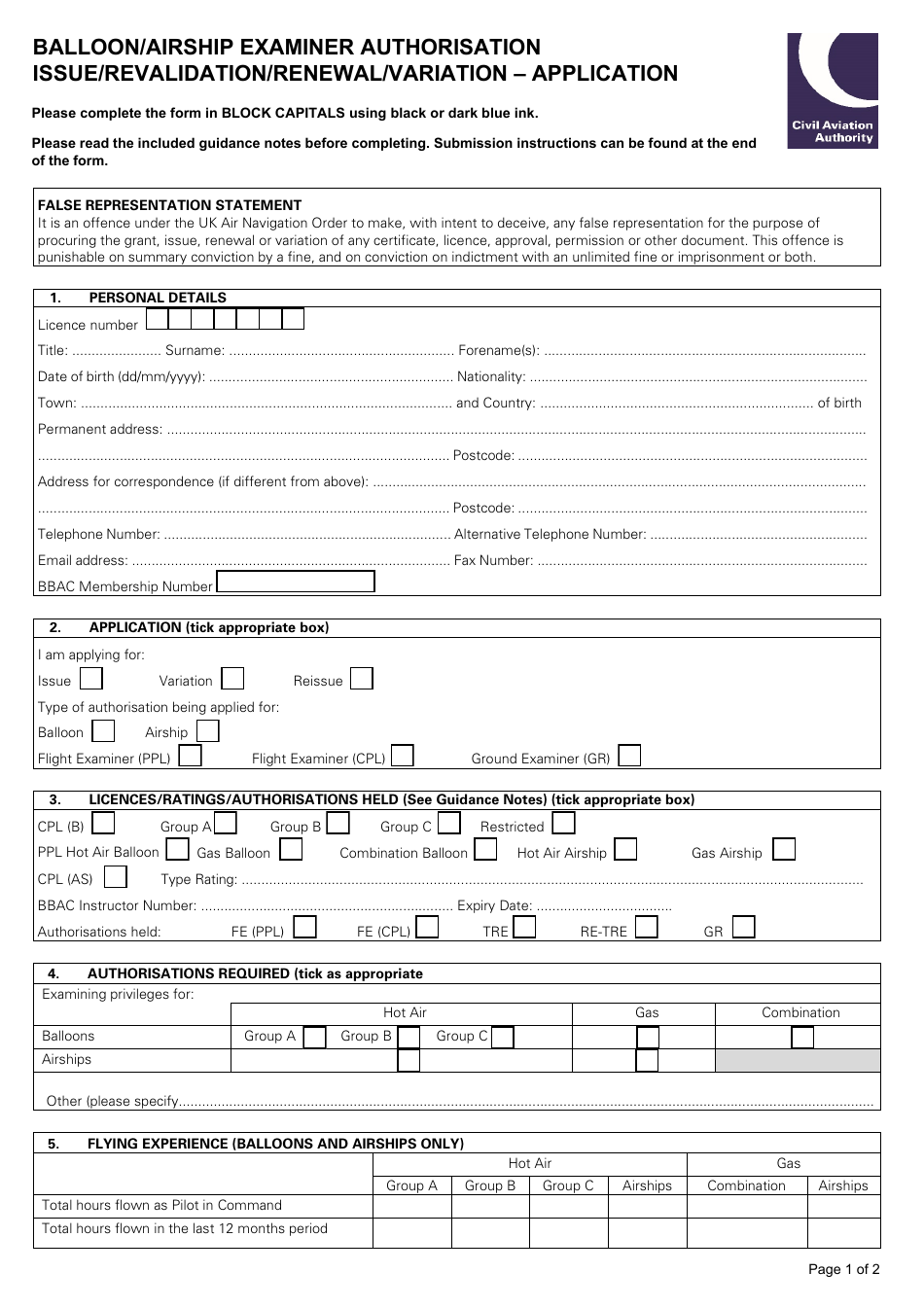 Form SRG1182 Balloon / Airship Examiner Authorisation Issue / Revalidation / Renewal / Variation - Application - United Kingdom, Page 1
