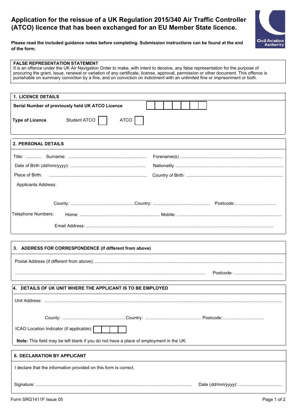 Form SRG1411F Application for the Reissue of a UK Regulation 2015 / 340 Air Traffic Controller (Atco) Licence That Has Been Exchanged for an Eu Member State Licence - United Kingdom, Page 1