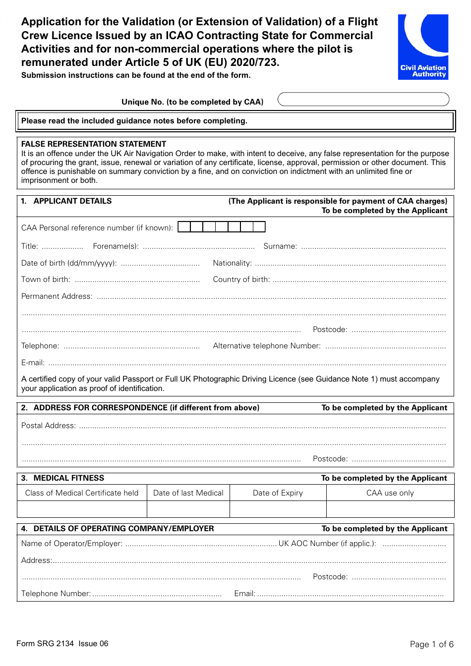 Form SRG2134 Application for the Validation (Or Extension of Validation) of a Flight Crew Licence Issued by an Icao Contracting State for Commercial Activities and for Non-commercial Operations Where the Pilot Is Remunerated Under Article 5 of UK (Eu) 2020 / 723 - United Kingdom, Page 1