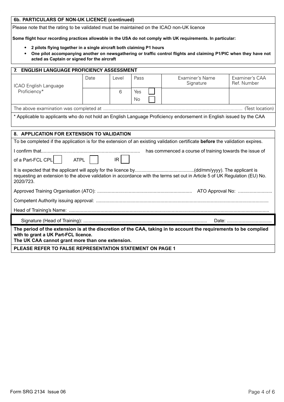 Form SRG2134 Application for the Validation (Or Extension of Validation) of a Flight Crew Licence Issued by an Icao Contracting State for Commercial Activities and for Non-commercial Operations Where the Pilot Is Remunerated Under Article 5 of UK (Eu) 2020 / 723 - United Kingdom, Page 4