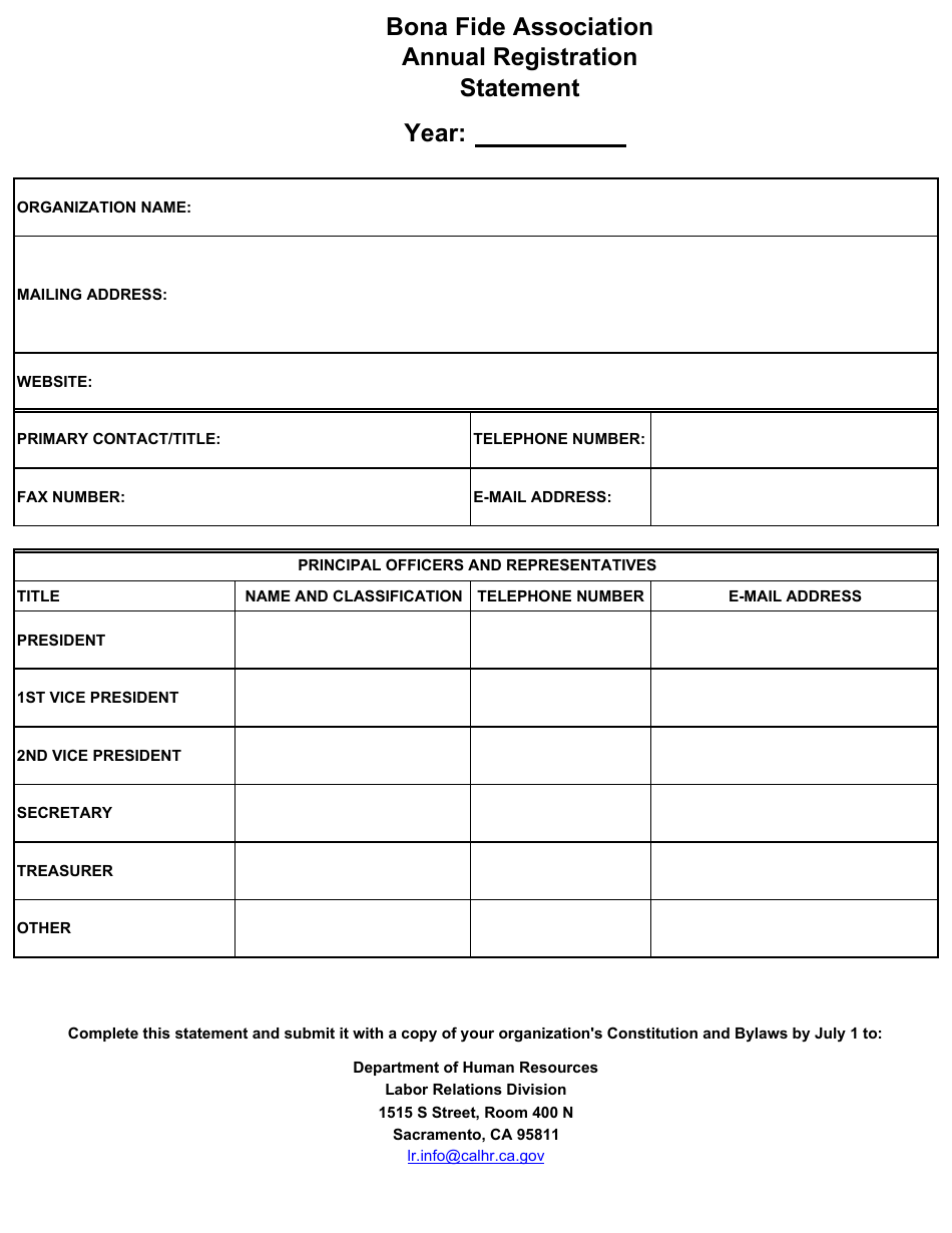 Bona Fide Association Annual Registration Statement - California, Page 1