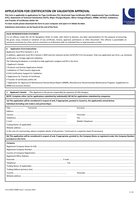 Form SRG1726NR Application for Certification or Validation Approval - United Kingdom