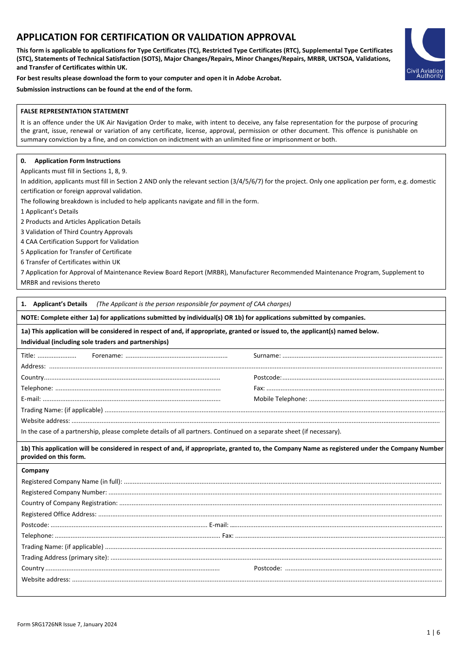 Form SRG1726NR Application for Certification or Validation Approval - United Kingdom, Page 1