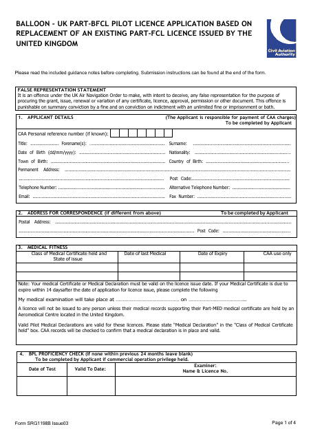 Form SRG1198B Balloon - UK Part-Bfcl Pilot Licence Application Based on Replacement of an Existing Part-Fcl Licence Issued by the United Kingdom - United Kingdom