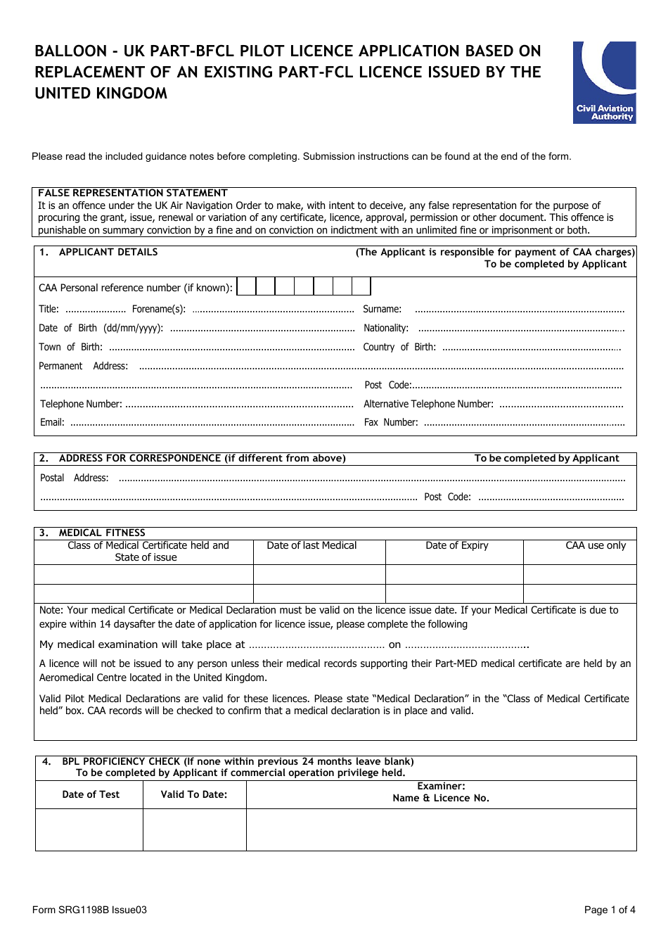 Form SRG1198B Balloon - UK Part-Bfcl Pilot Licence Application Based on Replacement of an Existing Part-Fcl Licence Issued by the United Kingdom - United Kingdom, Page 1