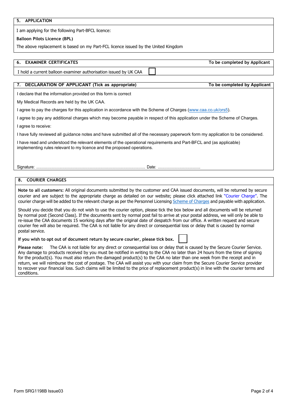 Form SRG1198B Balloon - UK Part-Bfcl Pilot Licence Application Based on Replacement of an Existing Part-Fcl Licence Issued by the United Kingdom - United Kingdom, Page 2