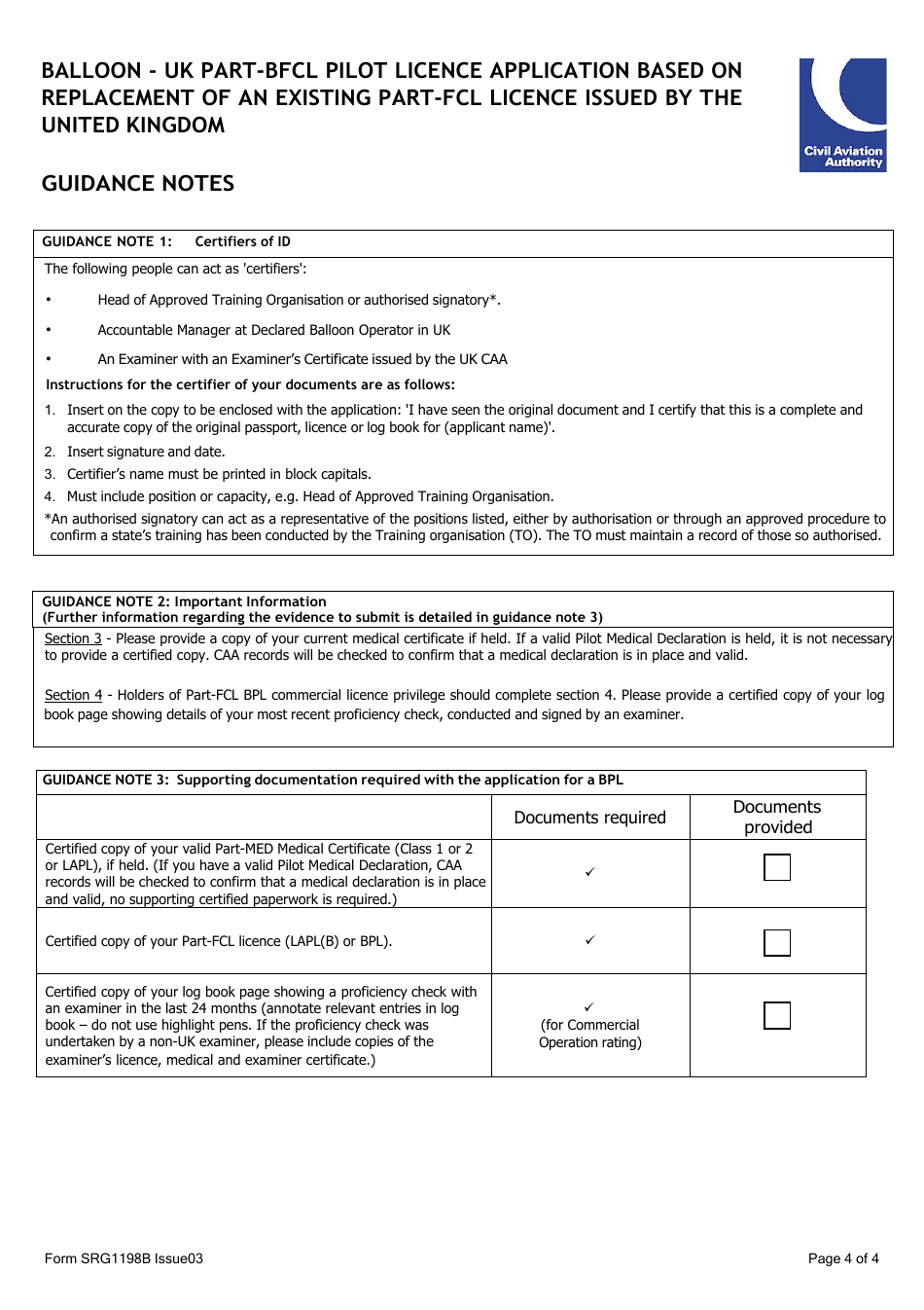 Form SRG1198B Balloon - UK Part-Bfcl Pilot Licence Application Based on Replacement of an Existing Part-Fcl Licence Issued by the United Kingdom - United Kingdom, Page 4