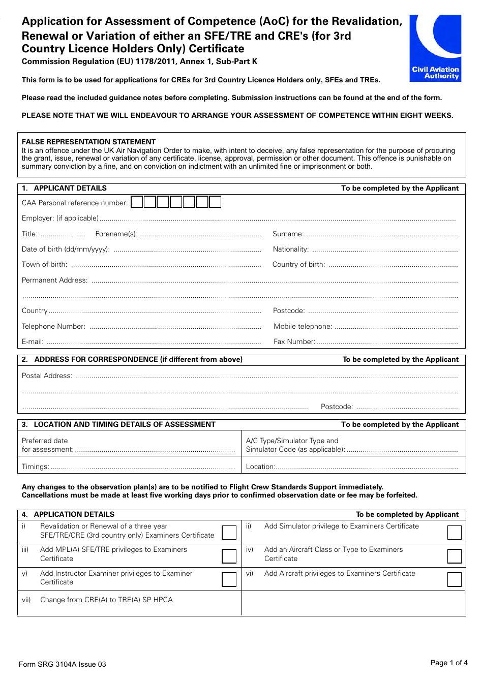 Form SRG3104A Application for Assessment of Competence (Aoc) for the Revalidation, Renewal or Variation of Either an Sfe / Tre and Cres (For 3rd Country Licence Holders Only) Certificate - United Kingdom, Page 1