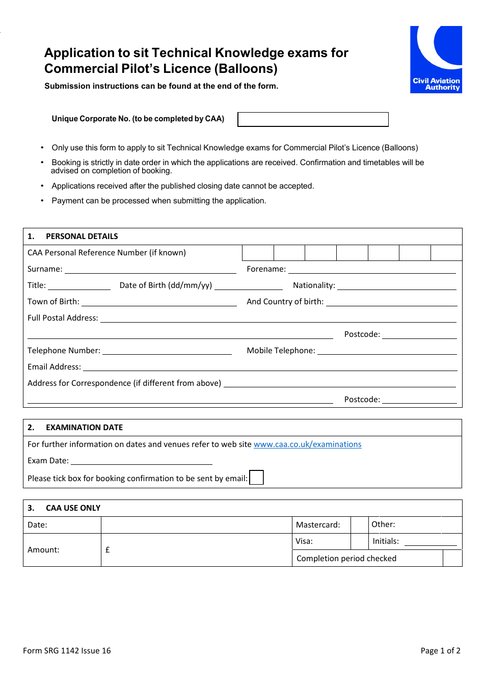 Form SRG1142 Application to Sit Technical Knowledge Exams for Commercial Pilots Licence (Balloons) - United Kingdom, Page 1