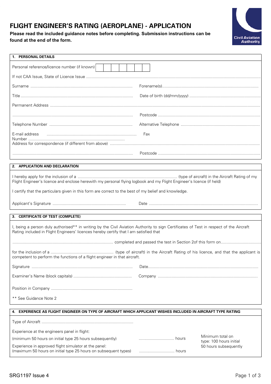 Form SRG1197 Flight Engineers Rating (Aeroplane) - Application - United Kingdom, Page 1