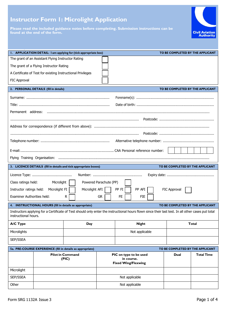 Instructor Form 1 (SRG1132A) Microlight Application - United Kingdom, Page 1