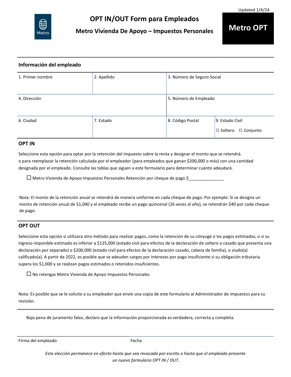 Formulario METRO OPT Opt in / Out Form Para Empleados - Metro Vivienda De Apoyo - Impuestos Personales - Oregon (Spanish), Page 1