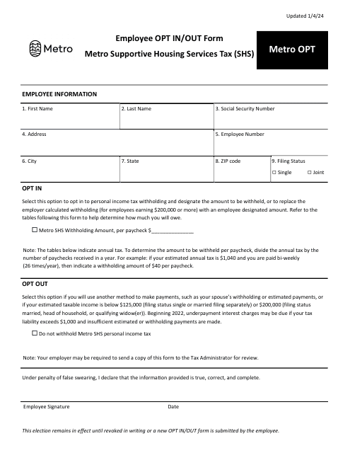 Form METRO OPT Employee Opt in/Out Form - Metro Supportive Housing Services Tax (Shs) - Oregon, 2024