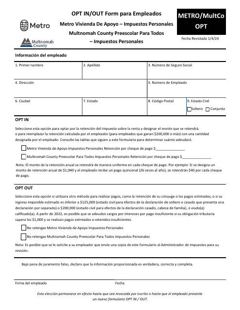 Formulario METRO/MULTCO OPT Opt in/Out Form Para Empleados - Metro Vivienda De Apoyo - Impuestos Personales - Multnomah County Preescolar Para Todos - Impuestos Personales - Oregon (Spanish), 2024