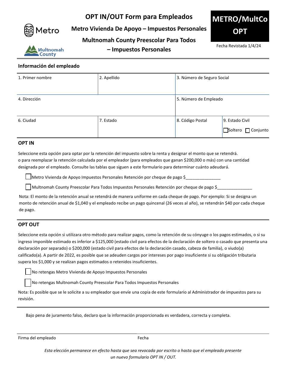 Formulario METRO / MULTCO OPT Opt in / Out Form Para Empleados - Metro Vivienda De Apoyo - Impuestos Personales - Multnomah County Preescolar Para Todos - Impuestos Personales - Oregon (Spanish), Page 1