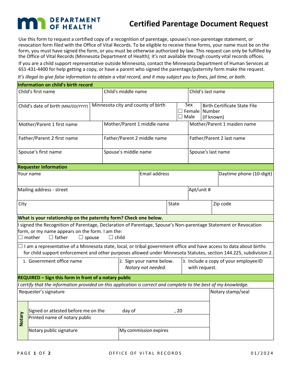 Minnesota certified parentage document request fill out sign online