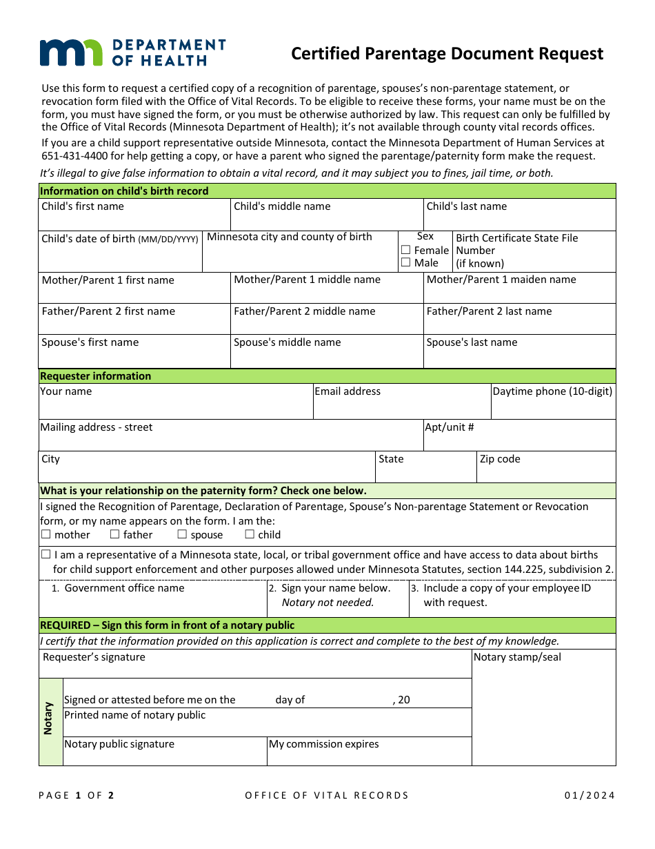 Certified Parentage Document Request - Minnesota, Page 1