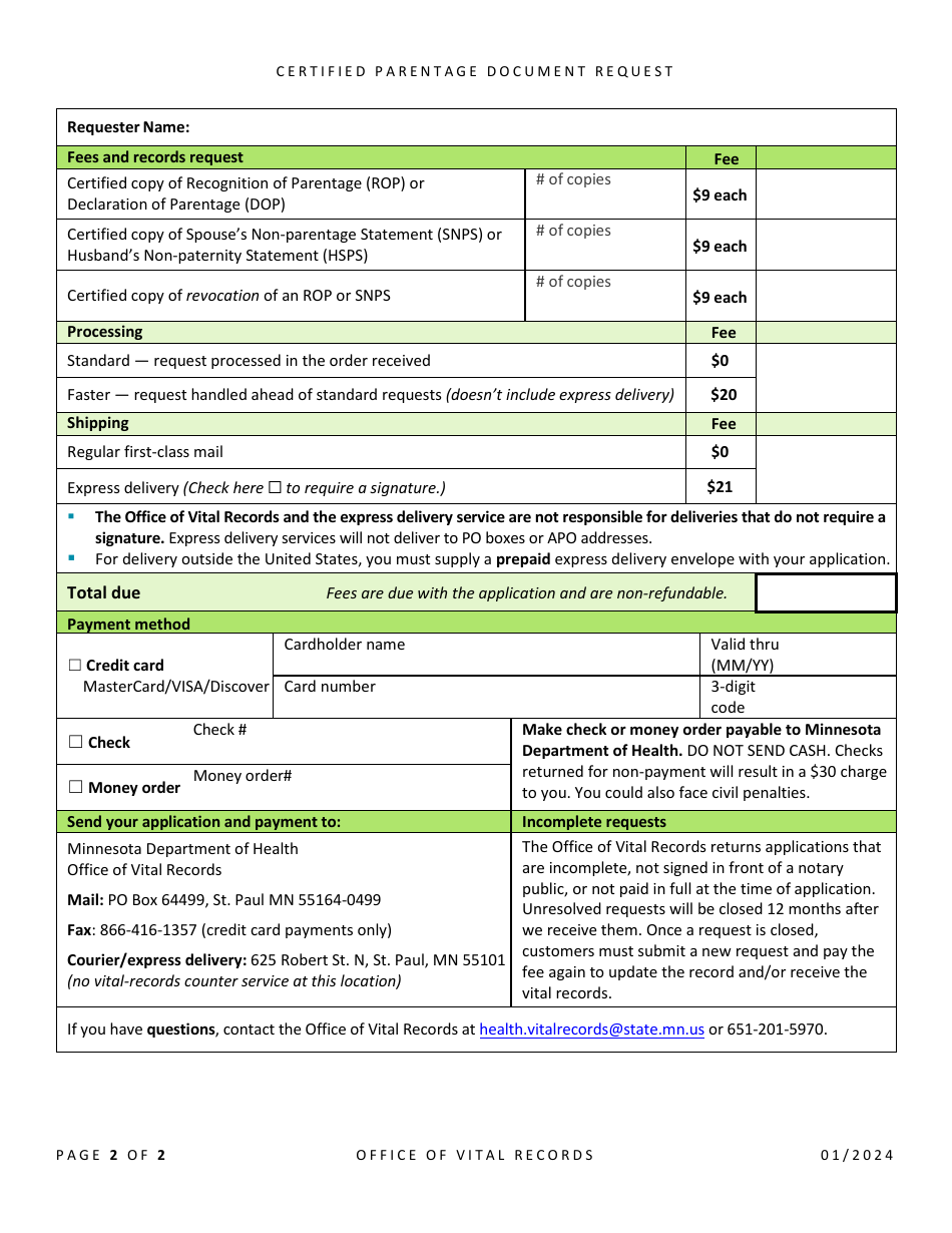 Certified Parentage Document Request - Minnesota, Page 2