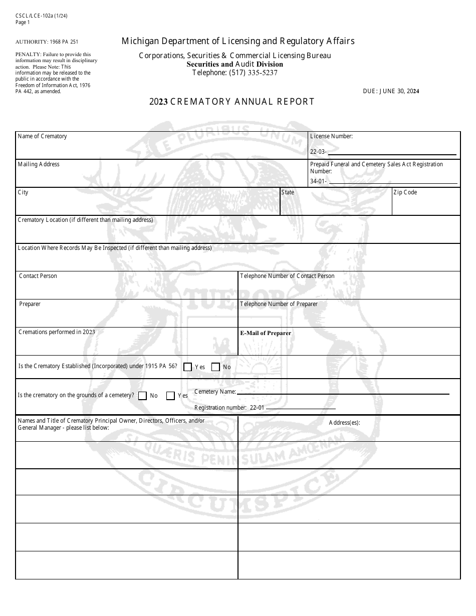 Form CSCL / LCE-102A Crematory Annual Report - Michigan, Page 1