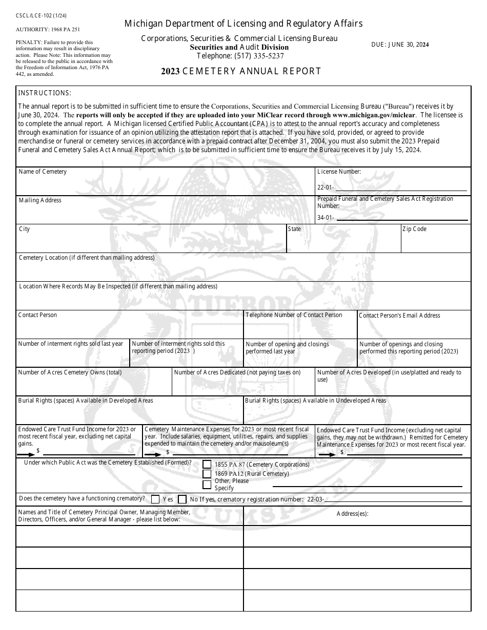 Form CSCL / LCE-102 Cemetery Annual Report - Michigan, Page 1