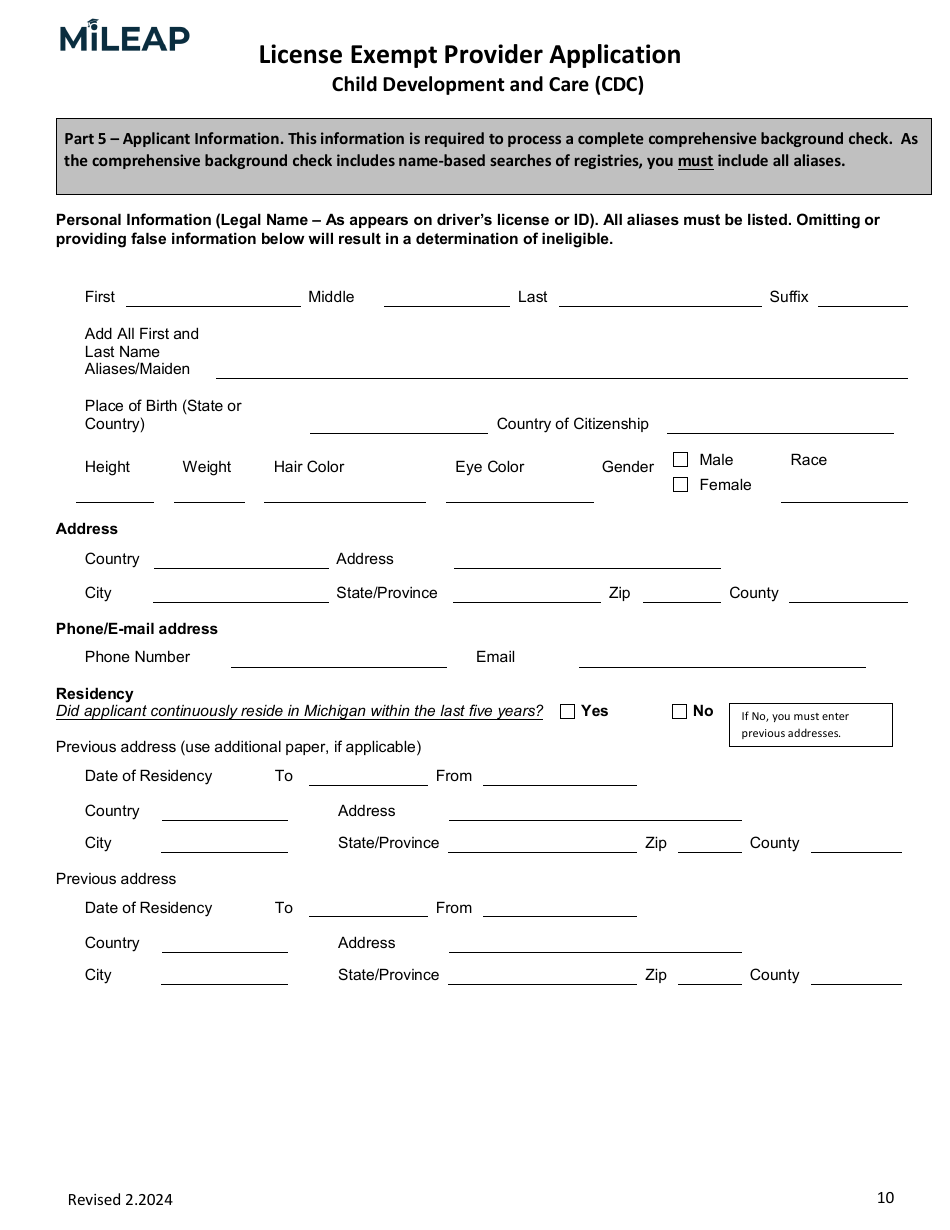 License Exempt Provider Application - Michigan, Page 10