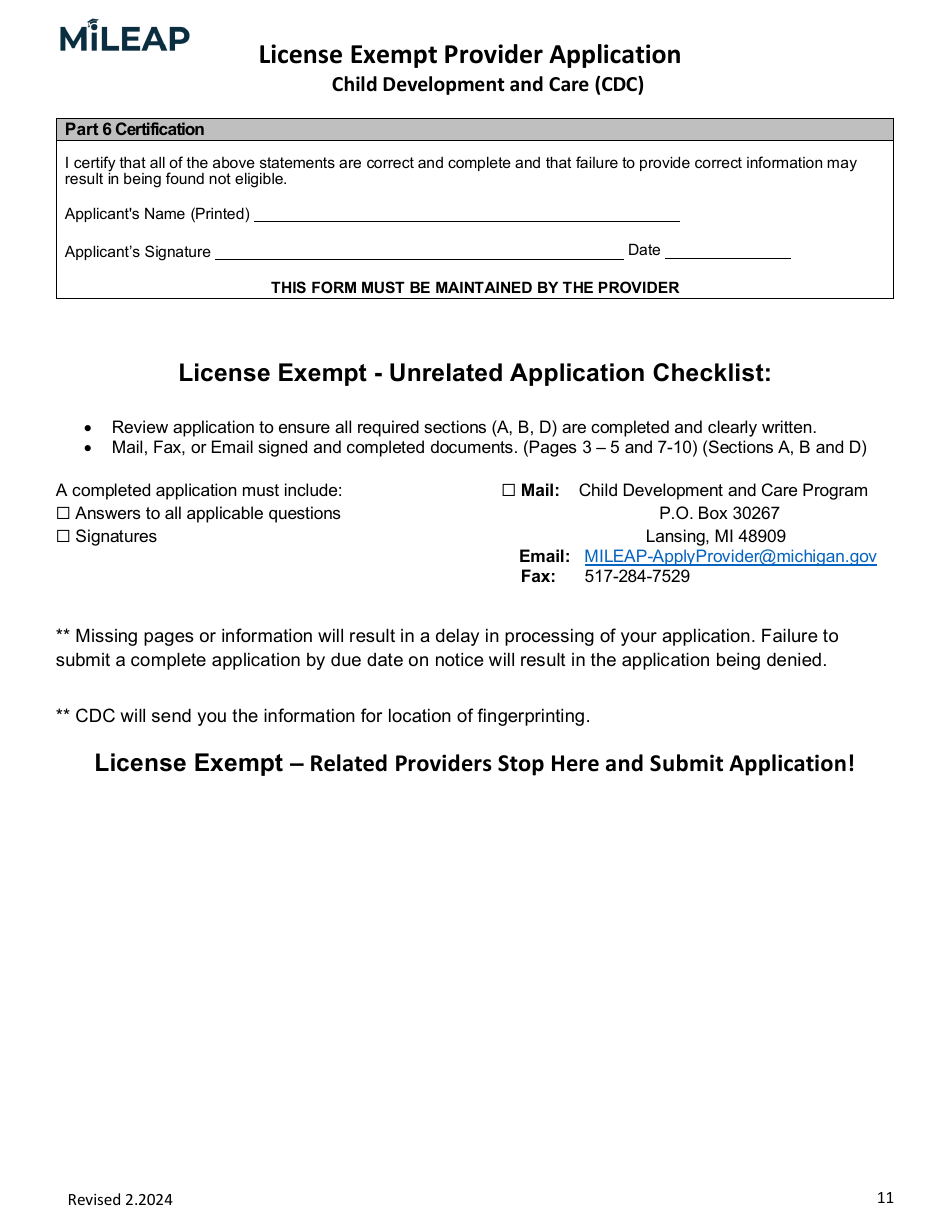 License Exempt Provider Application - Michigan, Page 11
