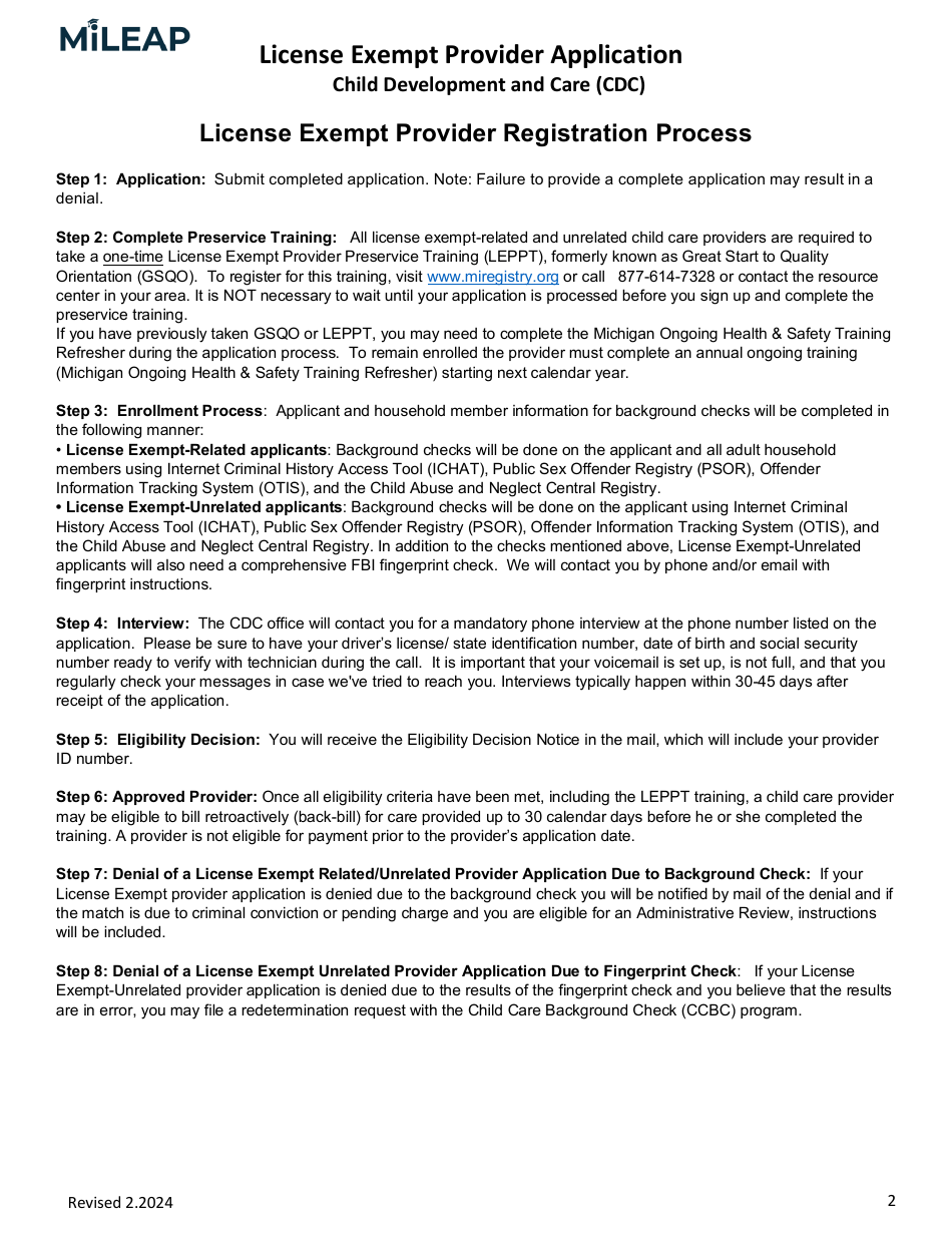 License Exempt Provider Application - Michigan, Page 2