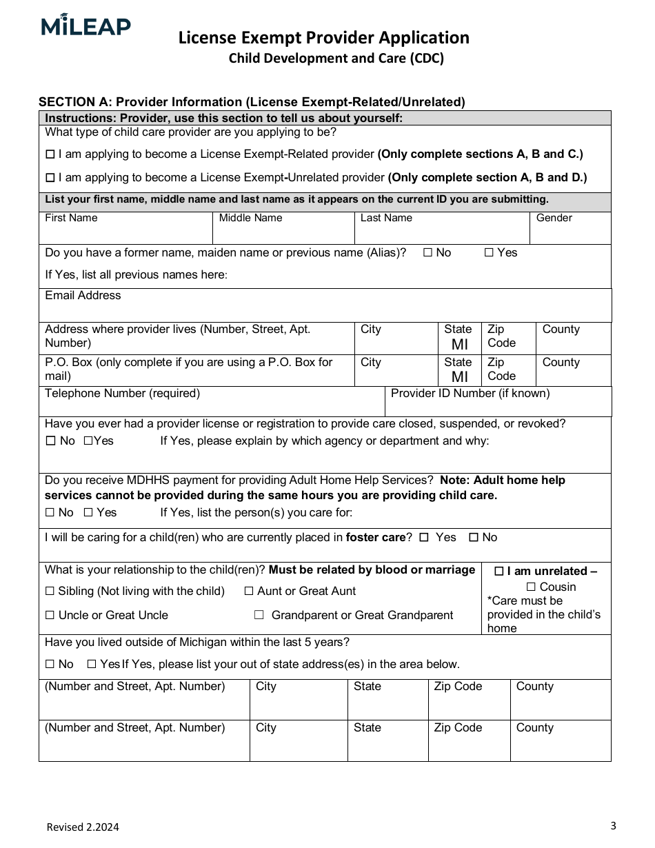 License Exempt Provider Application - Michigan, Page 3