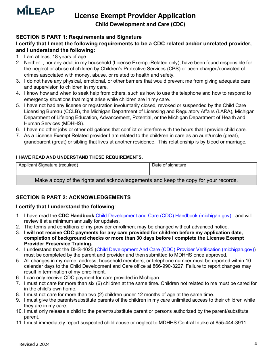 License Exempt Provider Application - Michigan, Page 4