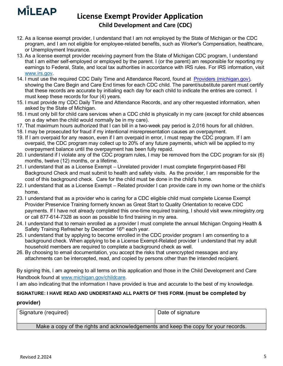 License Exempt Provider Application - Michigan, Page 5