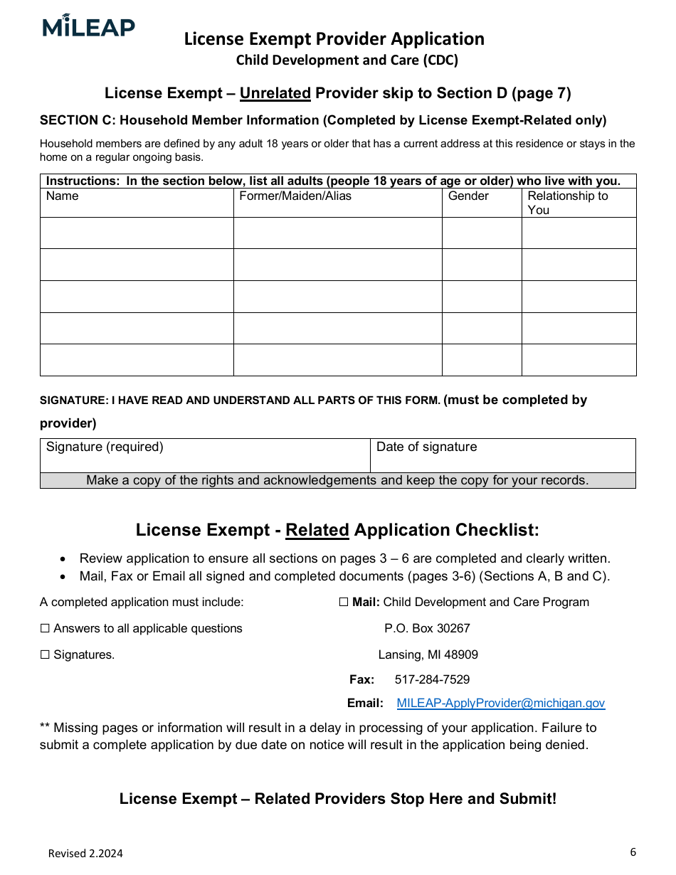 License Exempt Provider Application - Michigan, Page 6