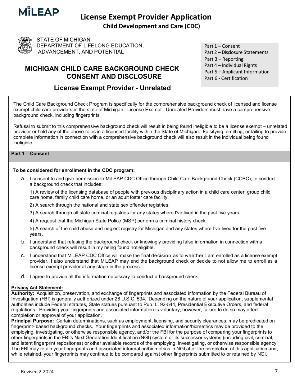 License Exempt Provider Application - Michigan, Page 7
