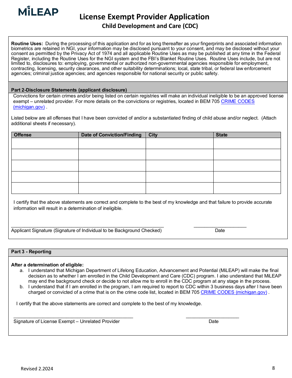 License Exempt Provider Application - Michigan, Page 8