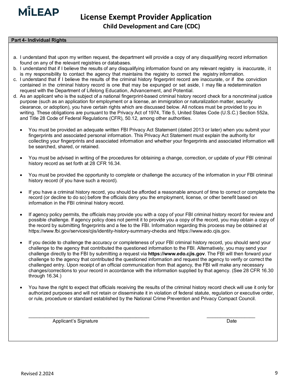 License Exempt Provider Application - Michigan, Page 9