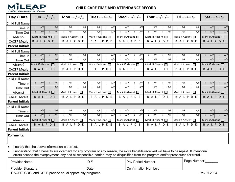 Child Care Time and Attendance Record - Michigan, Page 1