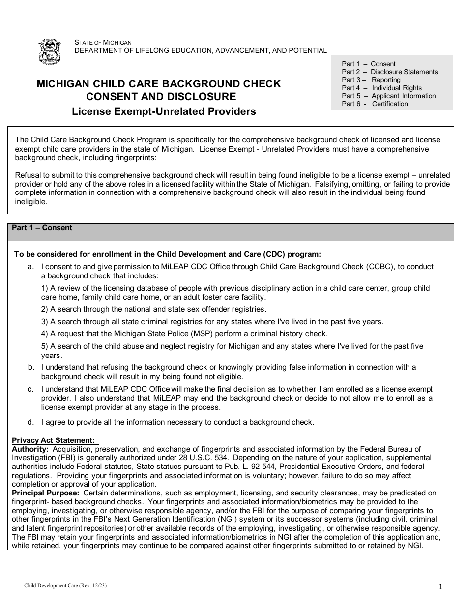 Michigan Child Care Background Check Consent and Disclosure - License Exempt-Unrelated Providers - Michigan, Page 1