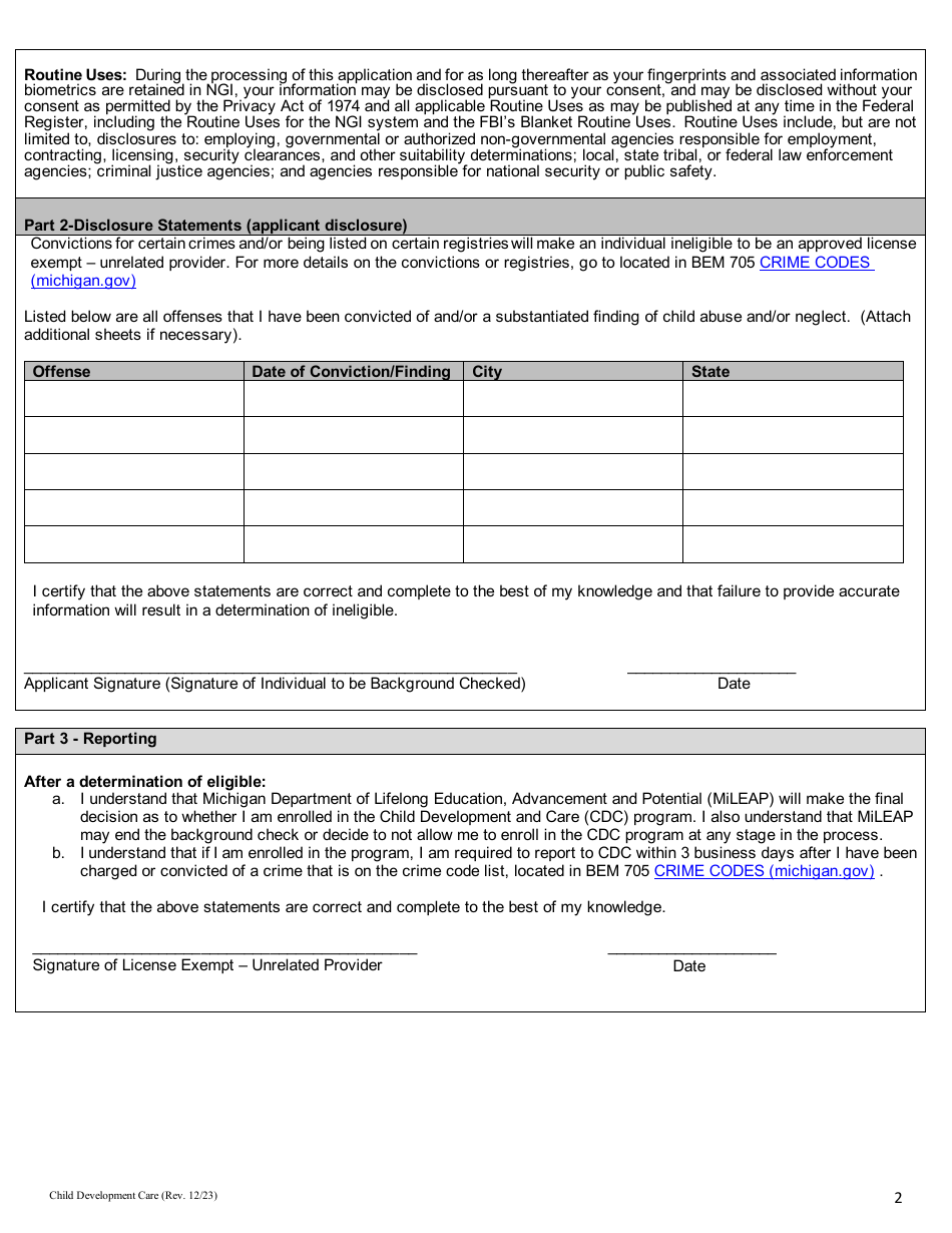 Michigan Child Care Background Check Consent and Disclosure - License Exempt-Unrelated Providers - Michigan, Page 2