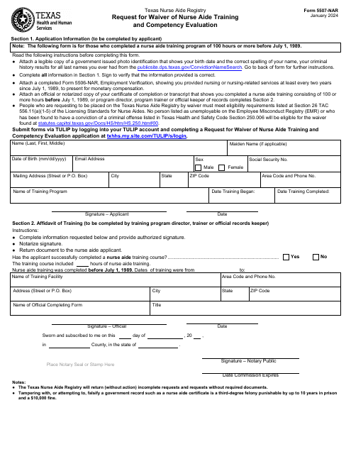 Form 5507-NAR Request for Waiver of Nurse Aide Training and Competency Evaluation - Texas