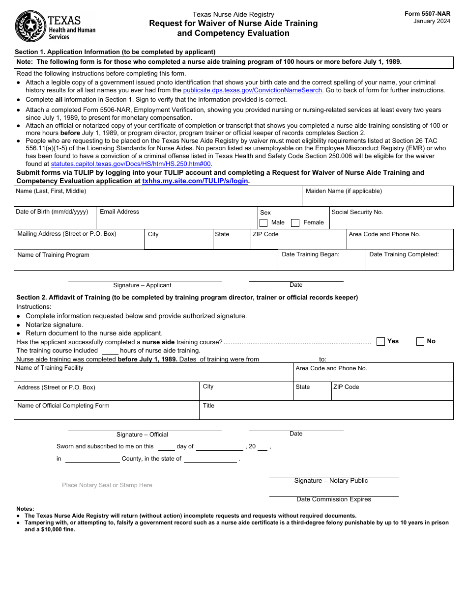 Form 5507 Nar Download Fillable Pdf Or Fill Online Request For Waiver Of Nurse Aide Training And 8209