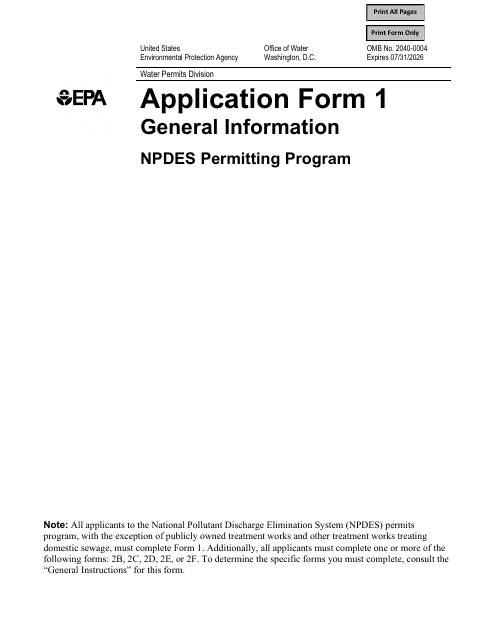 NPDES Form 1 (EPA Form 3510-1)  Printable Pdf
