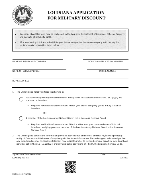 Louisiana Application for Military Discount - Louisiana