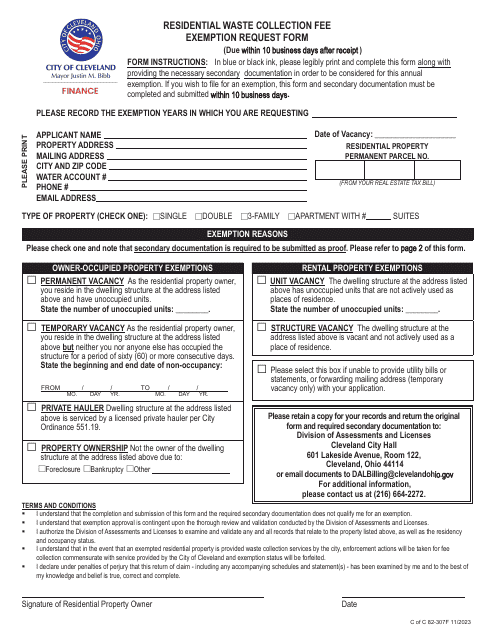 Form 82-307F Residential Waste Collection Fee Exemption Request Form - City of Cleveland, Ohio