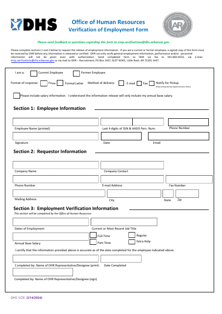 Form DHS VOE Verification of Employment Form - Arkansas