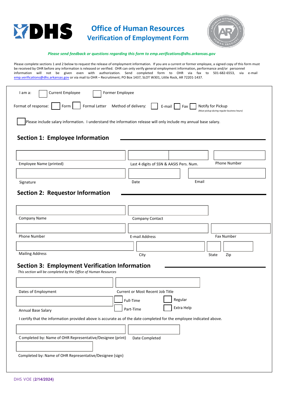 Form DHS VOE Verification of Employment Form - Arkansas, Page 1