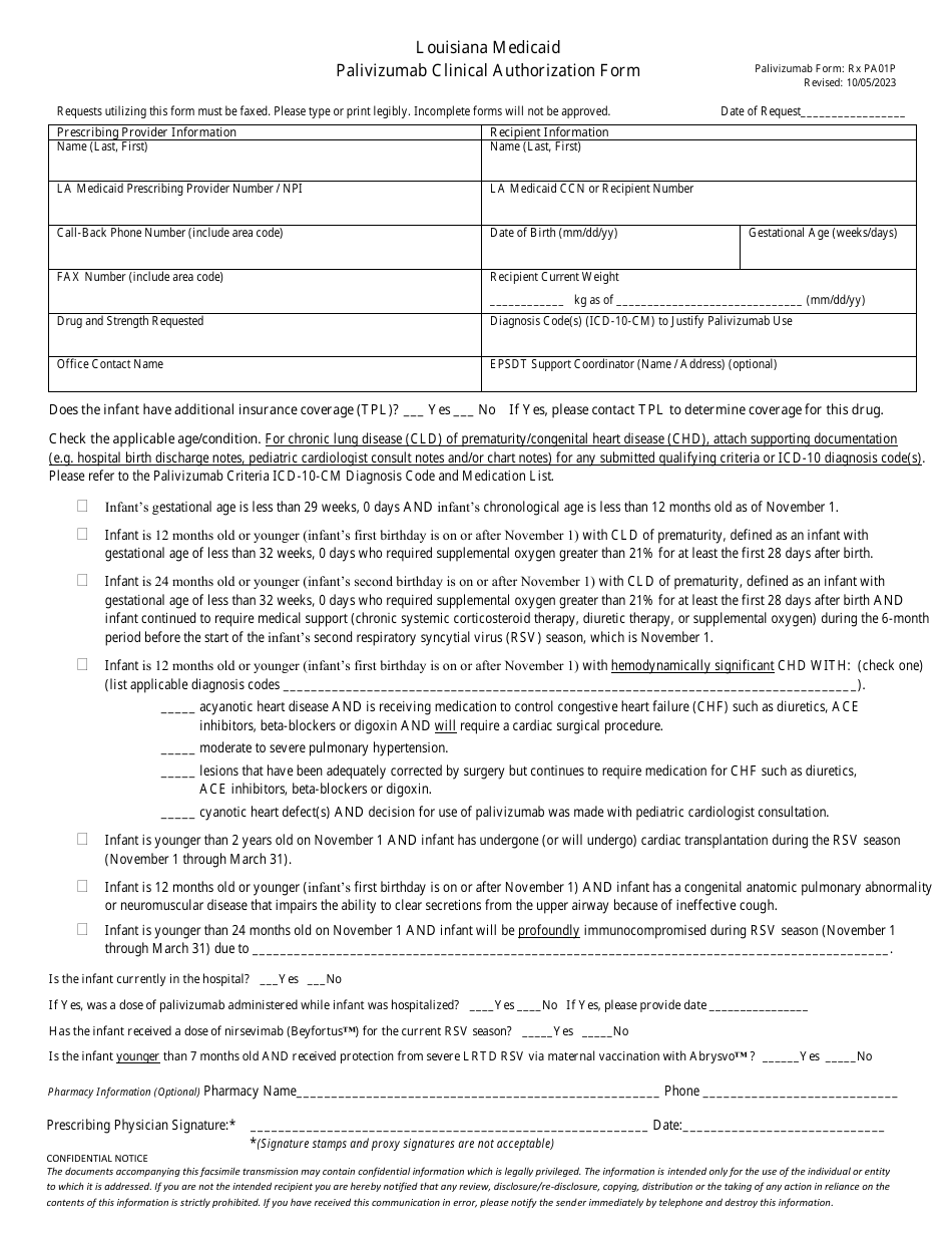 Palivizumab Clinical Authorization Form - Louisiana, Page 2
